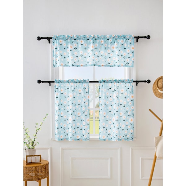 140 * 46 cm (1 stk) 68 * 60 cm 60 * 91 cm (2 stk) Små Blomstererie Køkkengardiner Egnet til Køkken baby blue 140X46CM