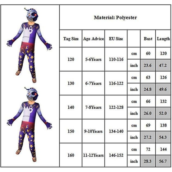 SQBB Halloween Kids Anime Fnaf Moondrop Cosplay Jumpsuit Party Bodysuit Performance Costume 9-10 år