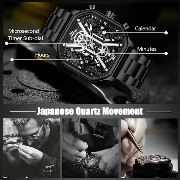 Quartz armbåndsur til mænd business rustfrit stål ur lysende analog armbåndsur multifunktionel chronograph ur mode firkantet ur Sort C Black C