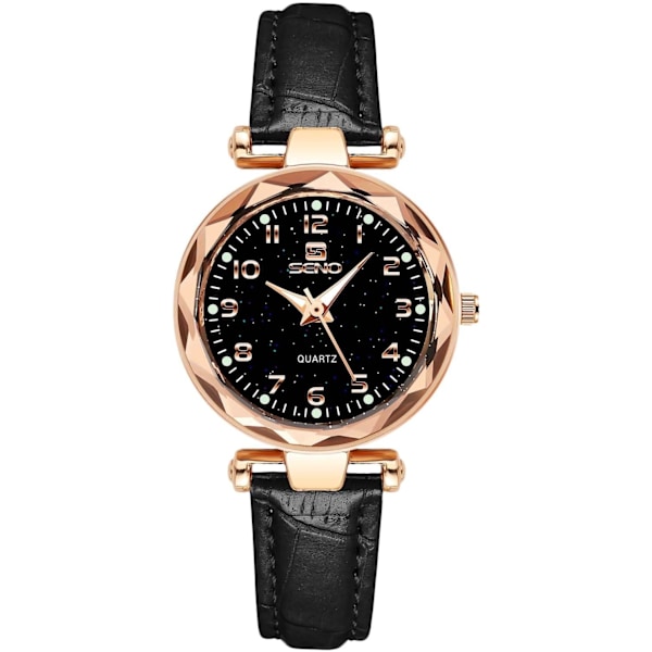 Damklocka i rostfritt stål med läderarmband, elegant analog kvartsklocka för kvinnor, värdklocka, svart Black
