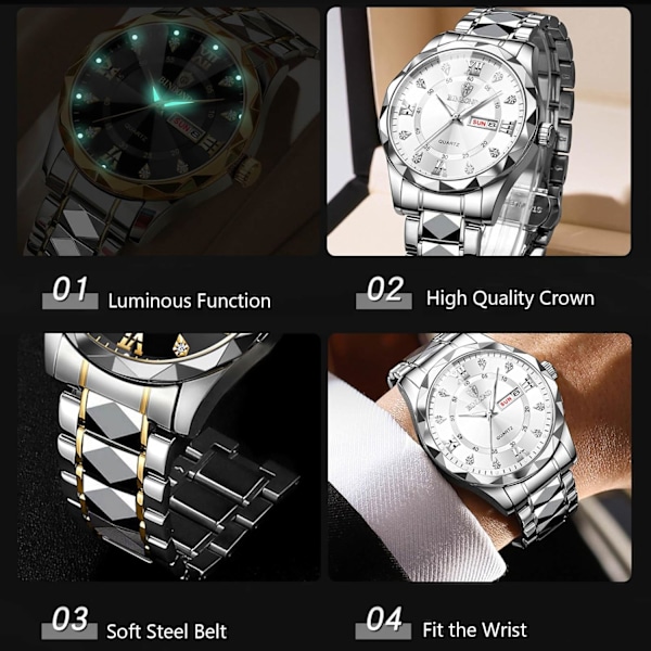 Elegant Herre Quartz Armbåndsur Klassisk Rustfrit Stål Herreur Diamant Vandafvisende Ur Multifunktionelt Forretningsur til Mænd Guld C Gold C