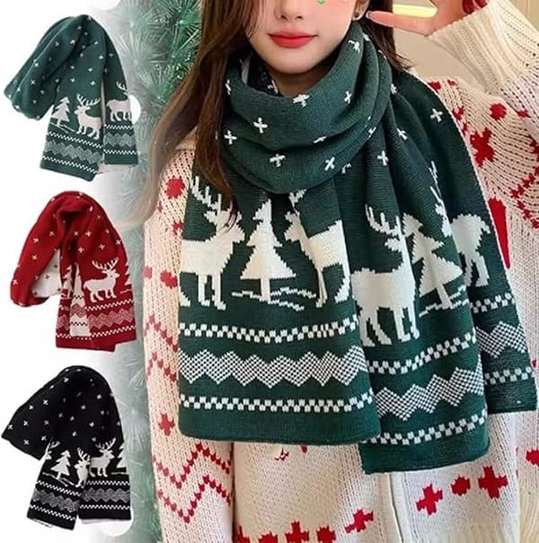 Vintervarm halsduk - Julklappshalsduk - Dubbelsidig stickad halsduk - Julgran Älg