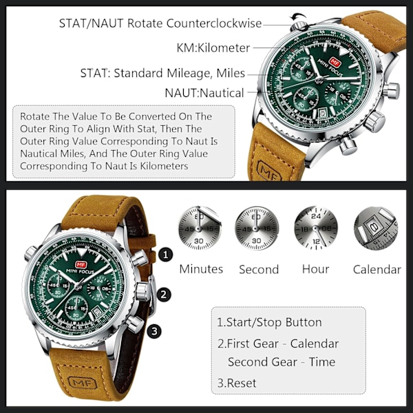 Multifunksjonelle Herre-Klokker Fly Chronograf Armbåndsur Enkle Kvarts Klokker Fritids Rustfritt Stål Herreklokke med Lærreim Grønn Green