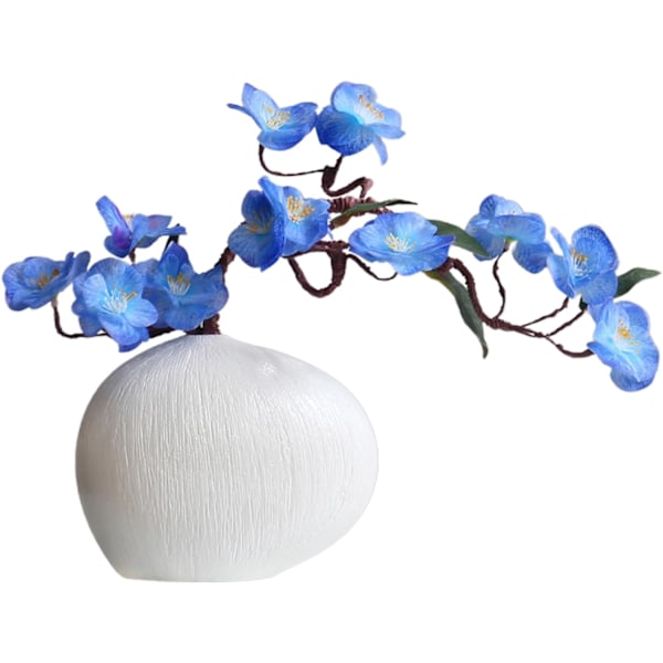 Keraaminen kukkaruukku - geometrinen muotoilu, valkoinen koristeellinen ruukku takalle, kirjahylly Vit vas + blå körsbärsblommor