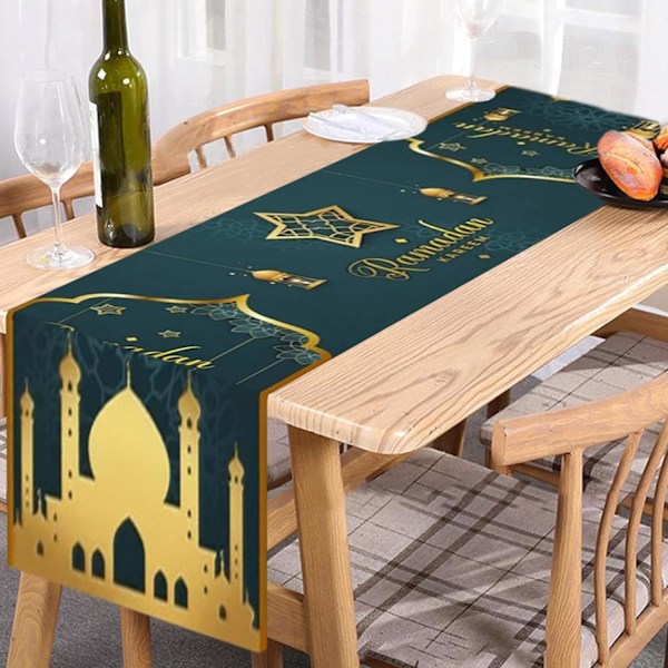 Flerfärgad Ramadan-bordlöpare - Linne Iftar-dekoration med guldstjärna & moské (Grön) 1 green