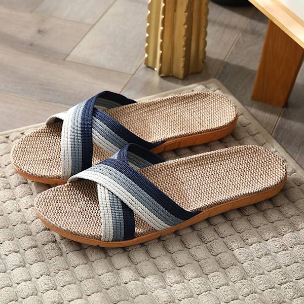 Män Skor Tofflor Lin Startsida Inomhus Öppna Toe Platt Sko Strand Topar Stripade Splicerade Gummi Sandaler Zapatillas Hombrel A 40-41