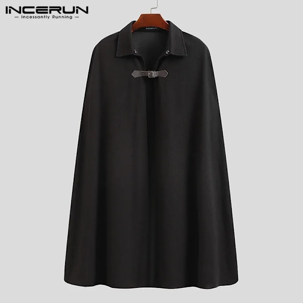 Incerun Mode Mænd Frakke Frakker Lapel Solid Farve En Knap Cape Trench Streetwear 2023 Casual Mand Overfrakker Po S-5Xl Sort M