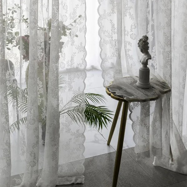 Pastoral Hvid Tulle Skærm Gardiner Voile Organza Ridå Sort B100cm x H200cm