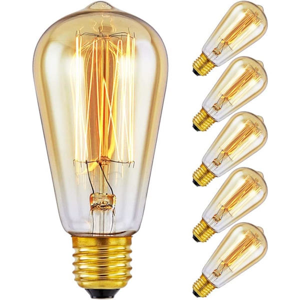 Edison Glødepærer - Vintage Style E27 Edison Skruepære Egernbur - Amber Warm Dimbar - ST64 60W - Pakke med 6.