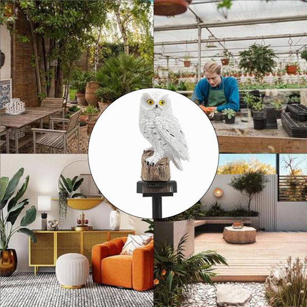 Solcelledrevet havefigur - fuglestatue lampe | LED stibelysning | baghave græsplæne dekoration | naturinspirerede haveindsatser | udendørs accent Vit uggla