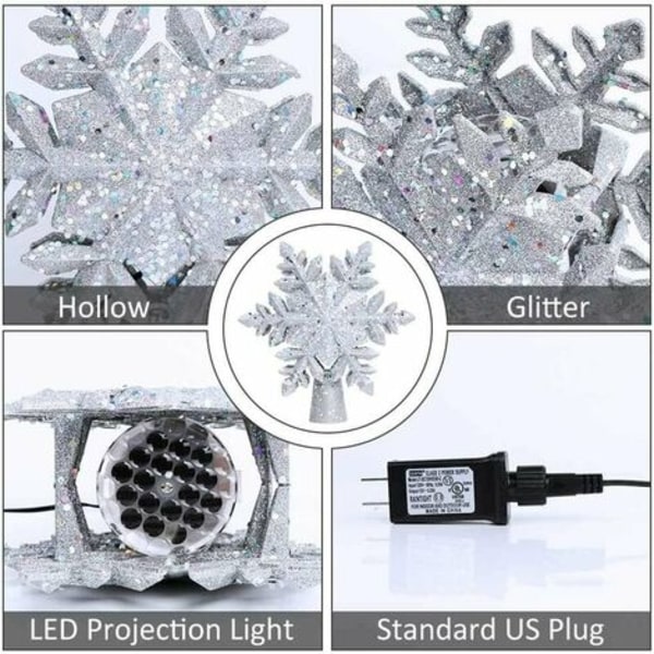 Julgransprydnad med magisk roterande snöflingsprojektor, 3D glitterprojektor julgransprydnad för jul