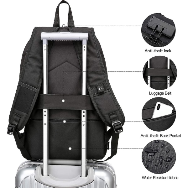 Stöldskyddad bärbar ryggsäck, affärsreseryggsäck med USB-laddningsportlås, vattentät college school-datorryggsäck Arbetsryggsäck Mäns kvinna，svart