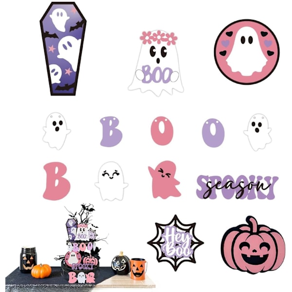 Halloween-kerrosalusta | Puusta valmistetut kausivaihteelliset koristeet pöydän sisustukseen