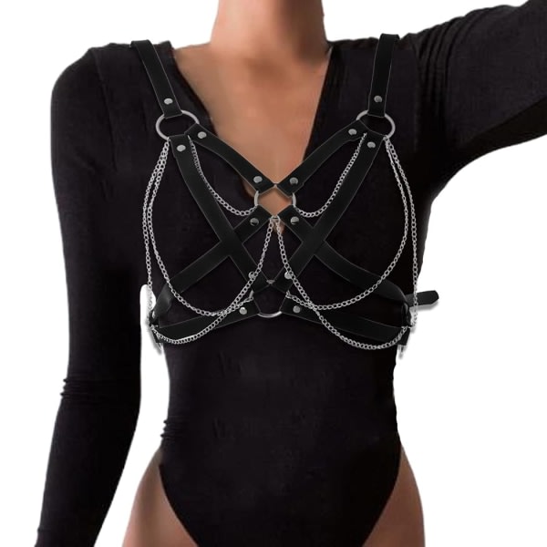 Punk Goth Body Chain BH Lädersele Wasit Belly Bikini Svart