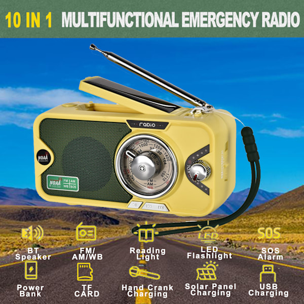 3600mAh hätävirtalähde & NOAA sääradio, käsikäyttöinen/aurinko/USB-lataus, kannettava radio (AM FM/WB), monitoimiradio Keltainen