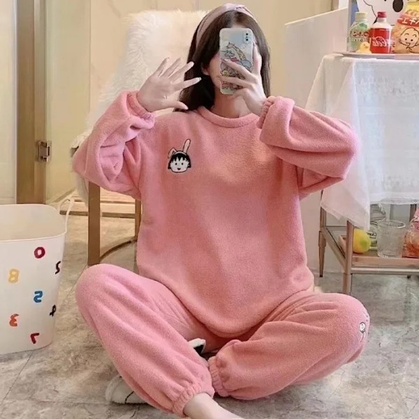 Gränsöverskridande höst vinter flanell förtjockade kvinnors söta tecknade casual långärmad pullover pyjamas set hem kläder ins 13.6 rosa bollar M