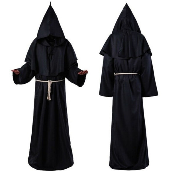 Medeltida broder munk huva renässans präst dräkt Halloween Cosplay Black L SQBB