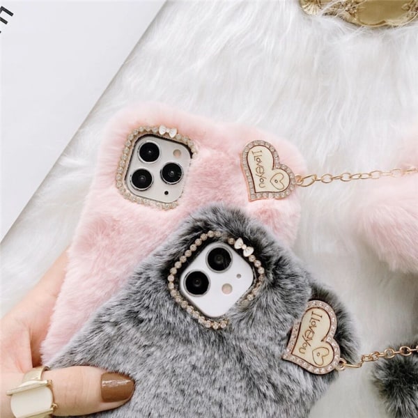För Iphone 11pro Case Söta tjejer Mjuk fuskpäls Glitter Diamond Furry Fluffy Glove Silikon Cover Case För Iphone 11pro Case rosa