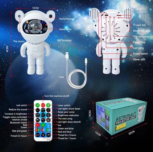 Bluetooth Astronaut Stjernelys Projektor LED Soverom Stemning Nattlys Aurora Måne Tåke Galakse Belysning for Barn