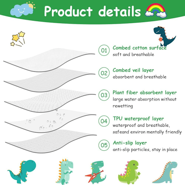 Tykk Sengteppe for Pottetrening, 70 x 90 cm Vaskbar Madrassbeskytter (Dinosaur Design) White