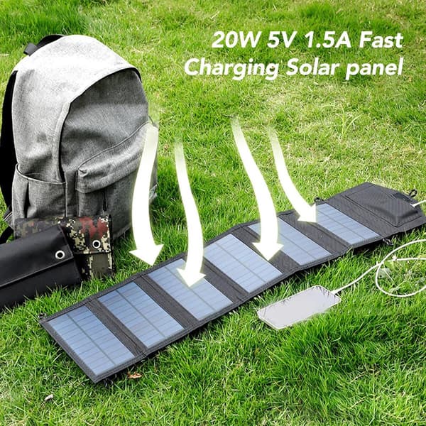 Bærbar solcelleoplader, 20W udgang, 5.2V 2A, 2 USB, foldbar, IP65, sort