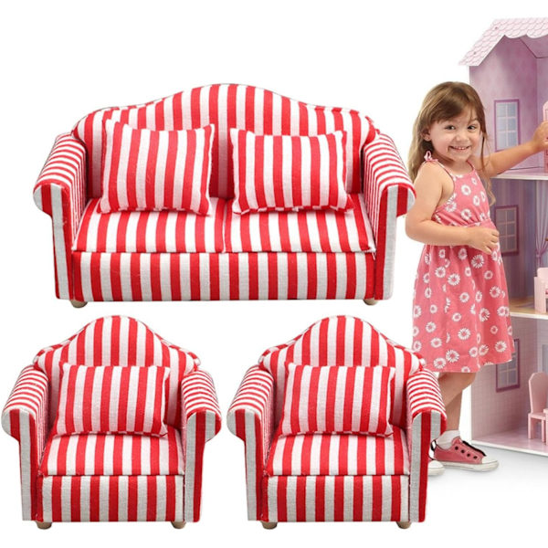 Nukkekodin sohvasetti - 1:12 mittakaava Punainen & Valkoinen Raidalliset Miniatyyri Nojatuolit Lasten Leikkikaluille RED Three piece set