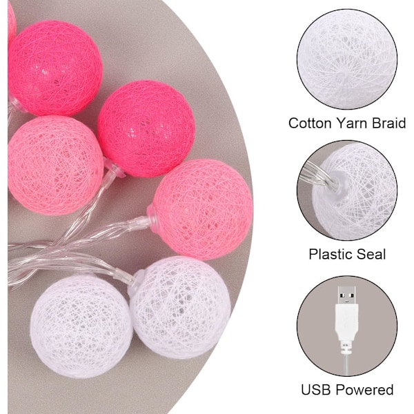 Bomuldsbolde lyskæde, 3,3 m bomuldsbolde lyskæde, 20 LED-bolde lyskæde, lyskæde, LED-lyskæde til børneværelse, soveværelse, jul, bryllup, fest ROSA USB