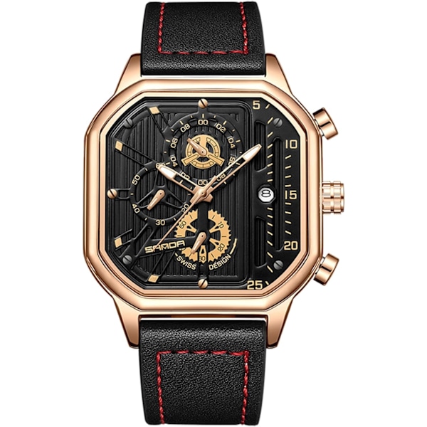 Men's Quartz Watch Fashion Square Wrist Watch Luminous Analog Watch Multifunctional Chronograph Watch Leisure Stainless Steel Men's Watch Black Gold A