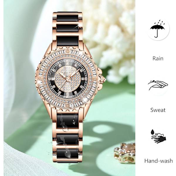 Dames Fuldt Diamant Ur Analog Kvarts Rustfrit Stål Ur Dames Vandafvisende Lysende Armbåndsur Elegant Kvadratisk Diamant Ur Sort Black