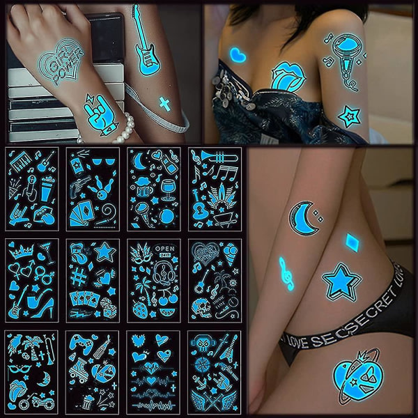 CQBB Neon Tatuering Stickers Svarta Ljus För Glöd Party Blå Lysande