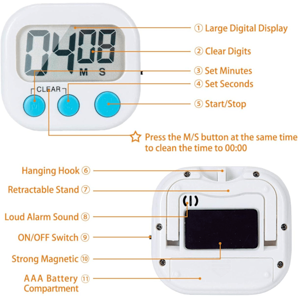 2-pack Digital Köktimer - Hög Larm, Stora Siffror - Vit White 1