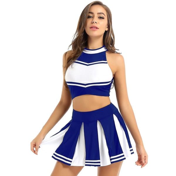 SQBB Kvinnor Vuxna Cheerleader Uniform Performance Outfit Japansk Skolflicka Cosplay Kostym Ärmlös Crop Top Mini plisserad kjol Blue A S