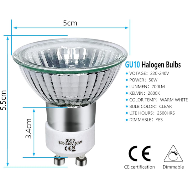 GU10 halogenlampa 50W dimbar, 220V GU10 halogenlampa 2 stift, 2800K varmvitt ljus, 700 lumen- Perfekt