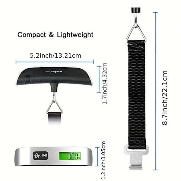 Kannettava vaaka, digitaalinen LCD-näyttö 110lb/50kg Elektroninen matkalaukku riippuva matkalaukku painaa Hook Style