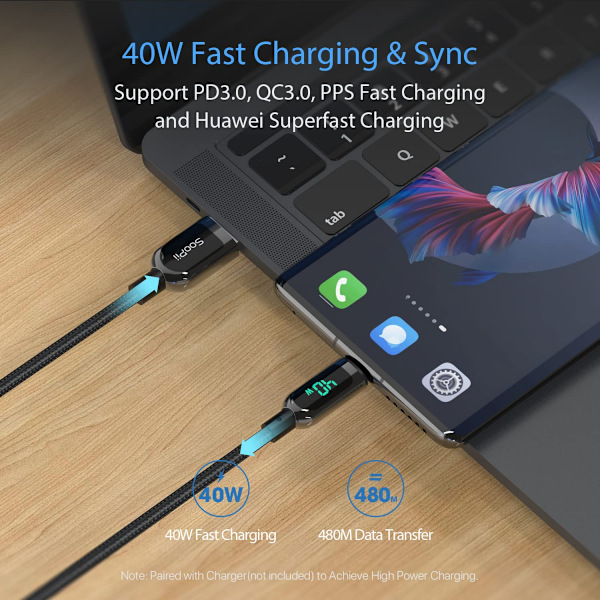 USB C-kabel, 4ft 40W/5A PD hurtigladekabel type C med LE