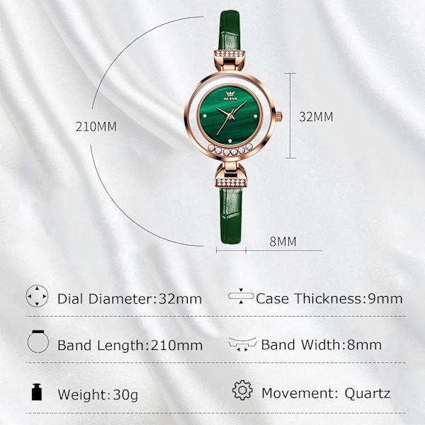 Damklocka Elegant Diamantklocka Dam Analog Kvartsklocka Vattentät Smaragd Klocka Mode Klänning Klocka med Läderrem GRÖN Green