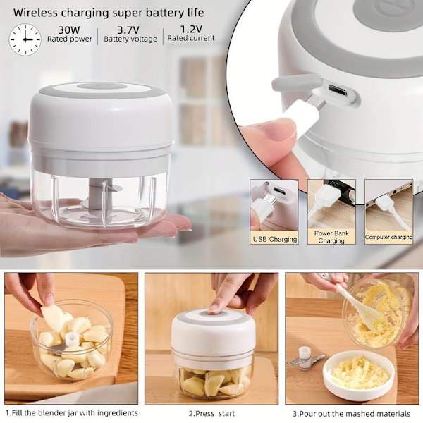1 st 250 ml kapacitet, USB-laddningsbar matlagningsmaskin, köksvitlöksblandare, elektrisk strimlare, liten automatisk matlagningsmaskin