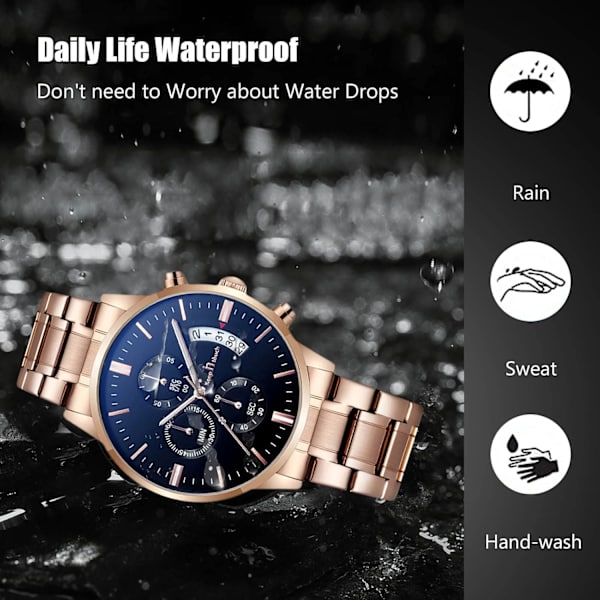 Mænd Analog Kvarts Forretningsure Lysende Vandafvisende Armbåndsur Dato Kalender Ur Chronograph Rustfrit Stål Rem Ur Sort Rosenguld Black rose gold