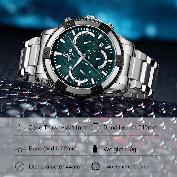 Forretningsklokker for menn multifunksjonell kvarts armbåndsur enkel rustfritt stål klokke lysende analog herreklokke med grønn Green
