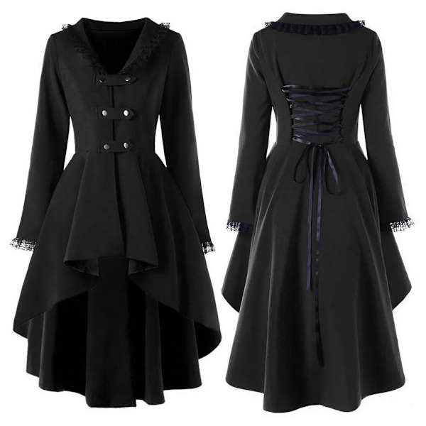 Kvinnors Medeltida Retro Oregelbundna Hem Trench Coat Renässans Lång Jacka Spets Patchwork Lång Ärm Tuxedo Klänning Cosplaya Smokod Black-B M