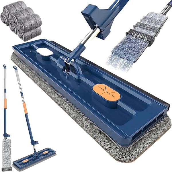 Platt Moppset med Återanvändbara Mikrofiberdynor, 360° Rotationsbar för Kakel, Laminat Blue + 6 rags