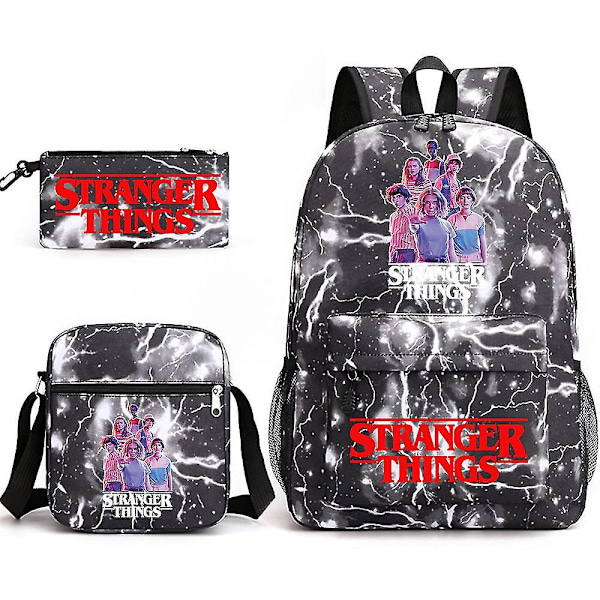 Stranger Things Rygsæk Tredelt Sæt Student Skole Rygsæk Canvas Taske Y DB Lightning Black Lightning Black