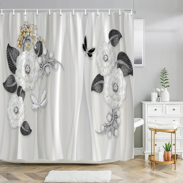 Elegant och fashionabel fantasipärlor och diamanter Bukett 3D-stil duschdraperi med badmatta Set Hem badrumsinredning 3620SD -curtain W180xH180cm