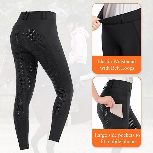 Naisten ratsastushousut, täyspiikillä varustetut korkeavyötäröiset leggingsit taskuilla Black XL