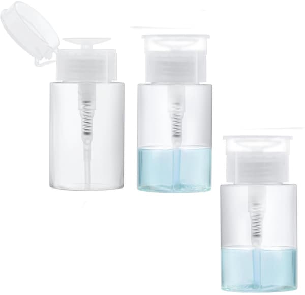 3-pack 150 ml PP-pumpflaskor med lock, påfyllningsbara en-trycksbehållare för aceton, alkohol och nagellacksborttagare