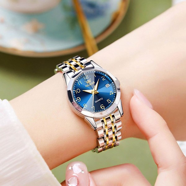 Damer Klassisk Armbåndsur i Rustfritt Stål Elegant Analog Kvartsur Vannresistent Klokker Lysende Dato Kalender Klokker Blå Blue
