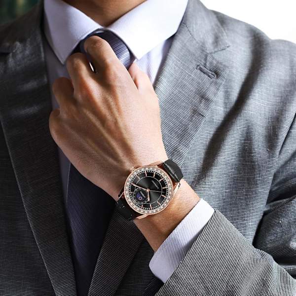 Mænds Analog Kvarts Luminous Business Ur Vandafvisende Diamant Ur Månefase Armbåndsur med Læderrem Sort Black