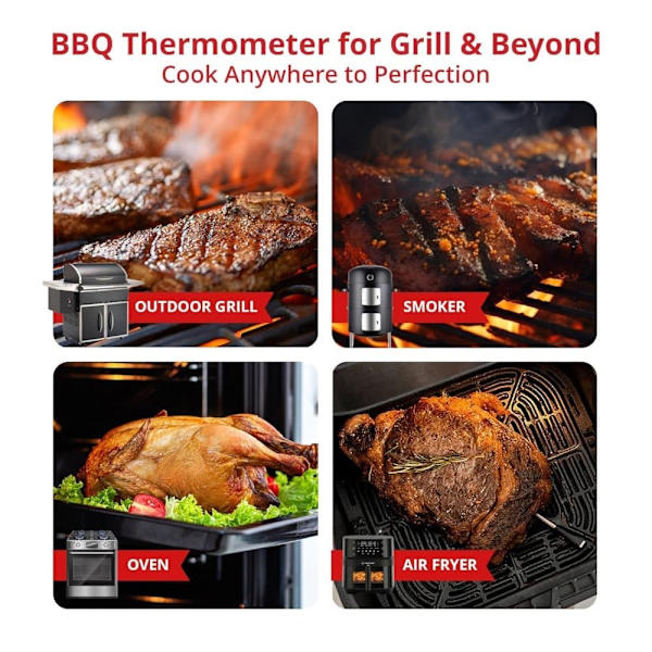Digitalt kjøtttermometer Digital trådløs dobbeltsensor Bluetooth BBQ-termometer for grilling, matlaging, røyking