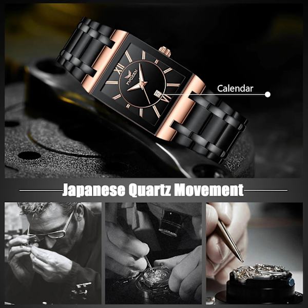 Herrar Kvarts Armbandsur Enkel Kvadratisk Klocka Affärs Vattentät Klocka Datumkalender Luminous Klocka med Rostfritt Stål Armband för Män Svart Ros Black rose
