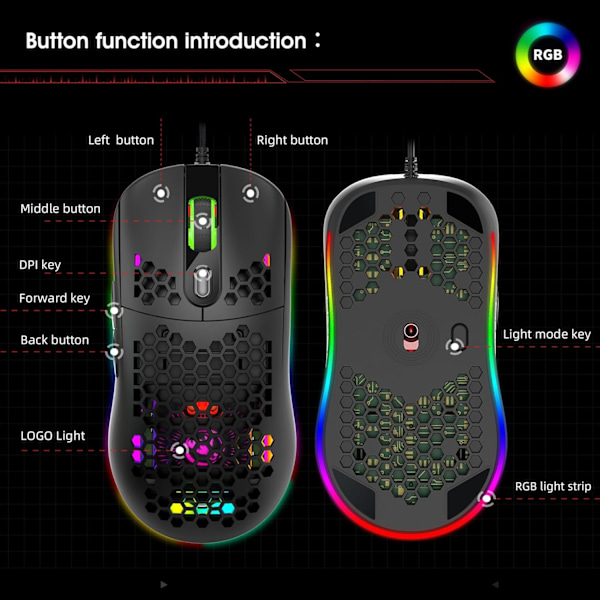 Trådløs Gaming Mus for PC | Ergonomisk RGB Mus med 8000 DPI og 6 Knapper Black